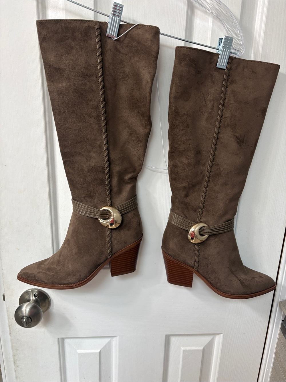 Universal Thread Taupe Suede Mid-Calf Heeled Boots with Gold Buckle